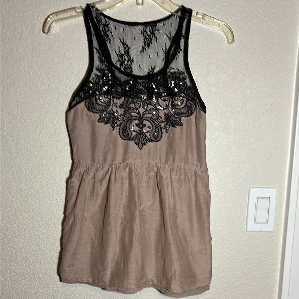 Miss Me‎ Black lace  and Tan Silk Women's Top, Fairy